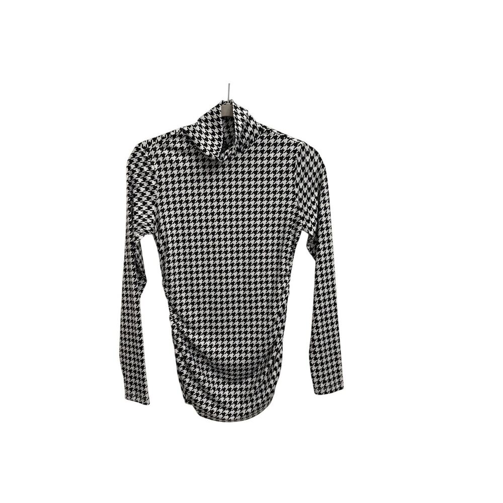 Boston Proper Black White Houndstooth Ruched Side Turtleneck Shirt Size XS